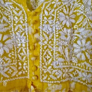 ✨ New Boho Cottagecore Yellow Hand-Embroidered Chikankari Maxi Dress